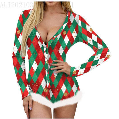 Christmas Women's Top Printed Sexy Long Sleeve V-neck Backless Furry Jumpsuit