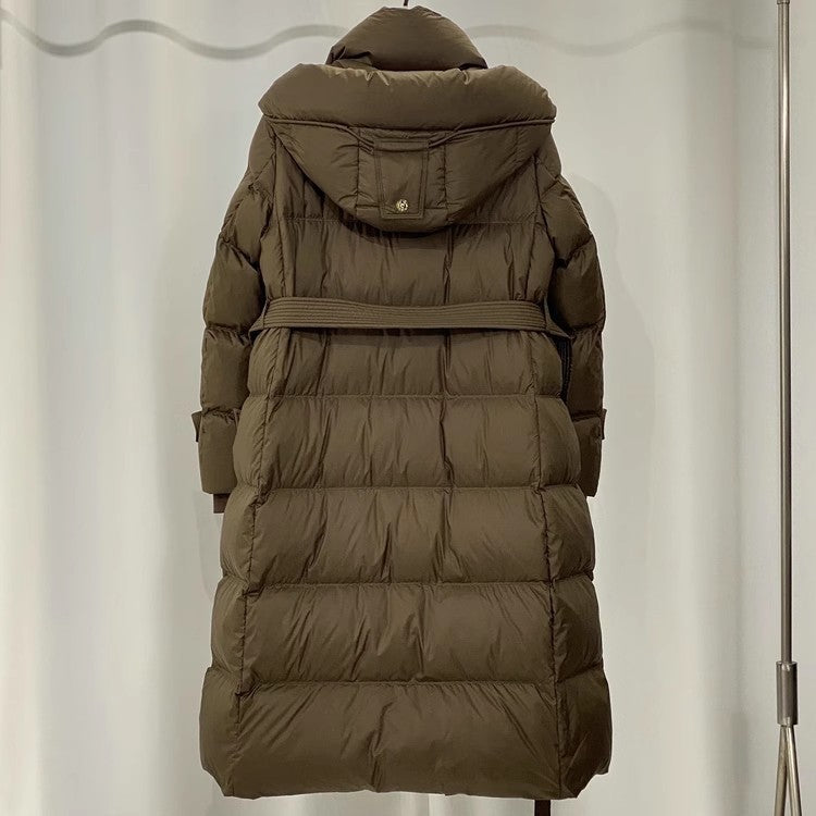 Waist-tight Temperament Mid-length Over The Knee Hood Down Jacket