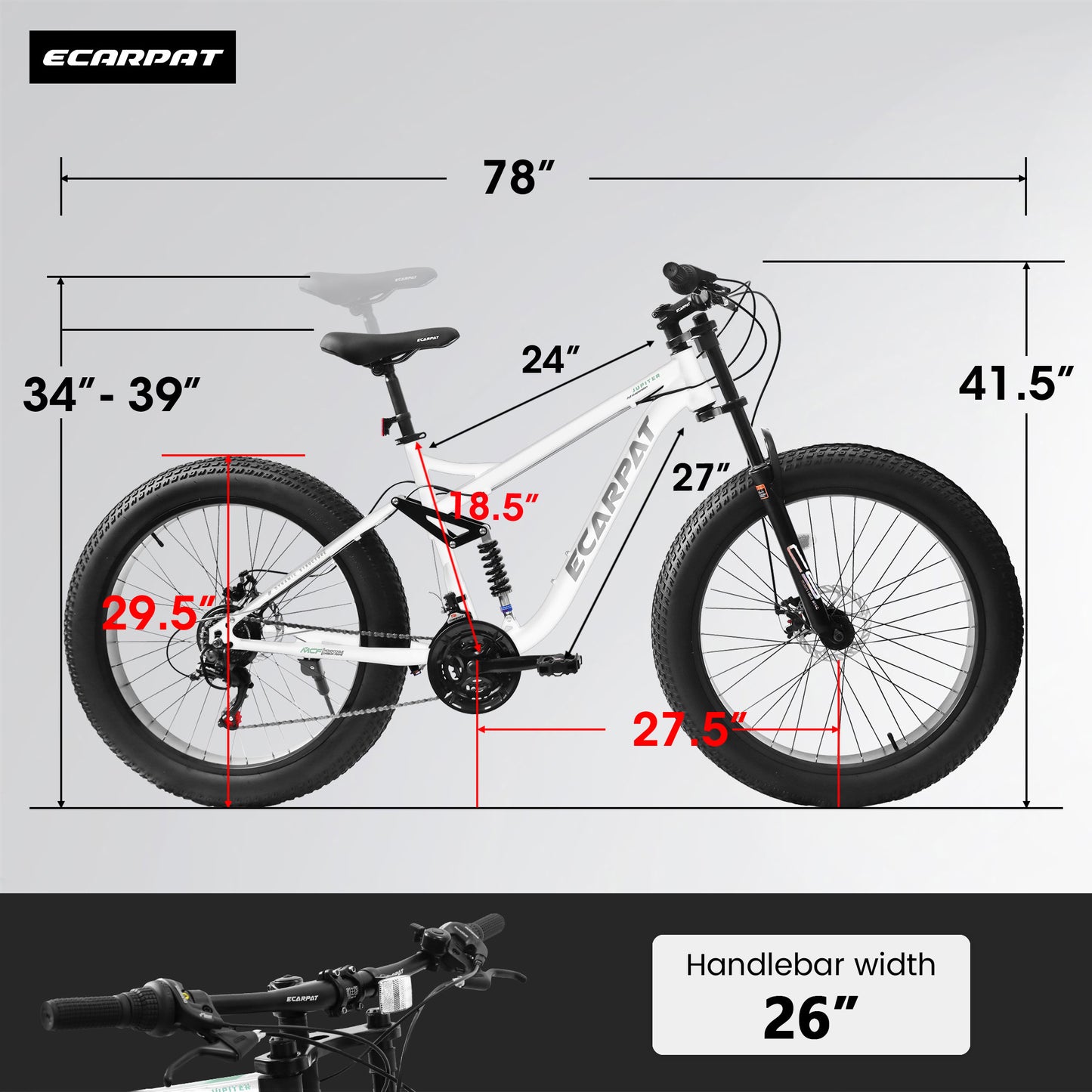 A26309 26 Inch Mountain Bike,Full-Suspension 21 Speeds Drivetrain With Disc-Brake Bicycle, Fat Tire Bike For Men