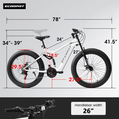A26309 26 Inch Mountain Bike,Full-Suspension 21 Speeds Drivetrain With Disc-Brake Bicycle, Fat Tire Bike For Men