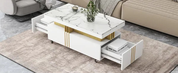 Coffee Table With Faux Marble Top, Rectangle Cocktail Table With Caster Wheels, Moderate Luxury Center Table With Gold Metal Bars For Living Room, White
