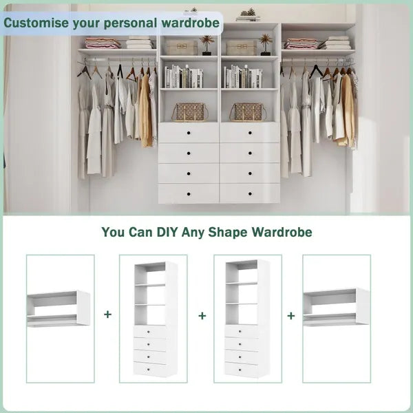 Closet Organizer System,Wall Mounted Closet Storage With  Drawers And Shelves Closet Storage For Bedroom,White