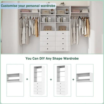 Closet Organizer System,Wall Mounted Closet Storage With  Drawers And Shelves Closet Storage For Bedroom,White