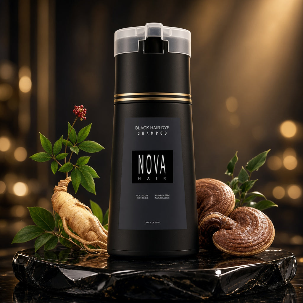 Nova black hair dye shampoo bottle on a dark display with decorative props