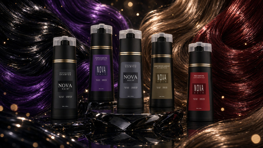 Nova hair dye shampoo bottles in black, purple, brown and red shades