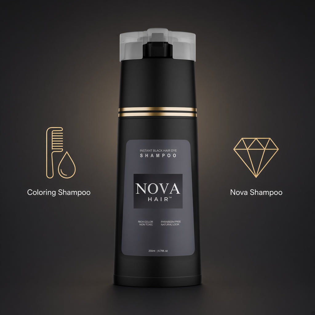 Nova hair dye shampoo 200 ml bottle with coloring shampoo icons