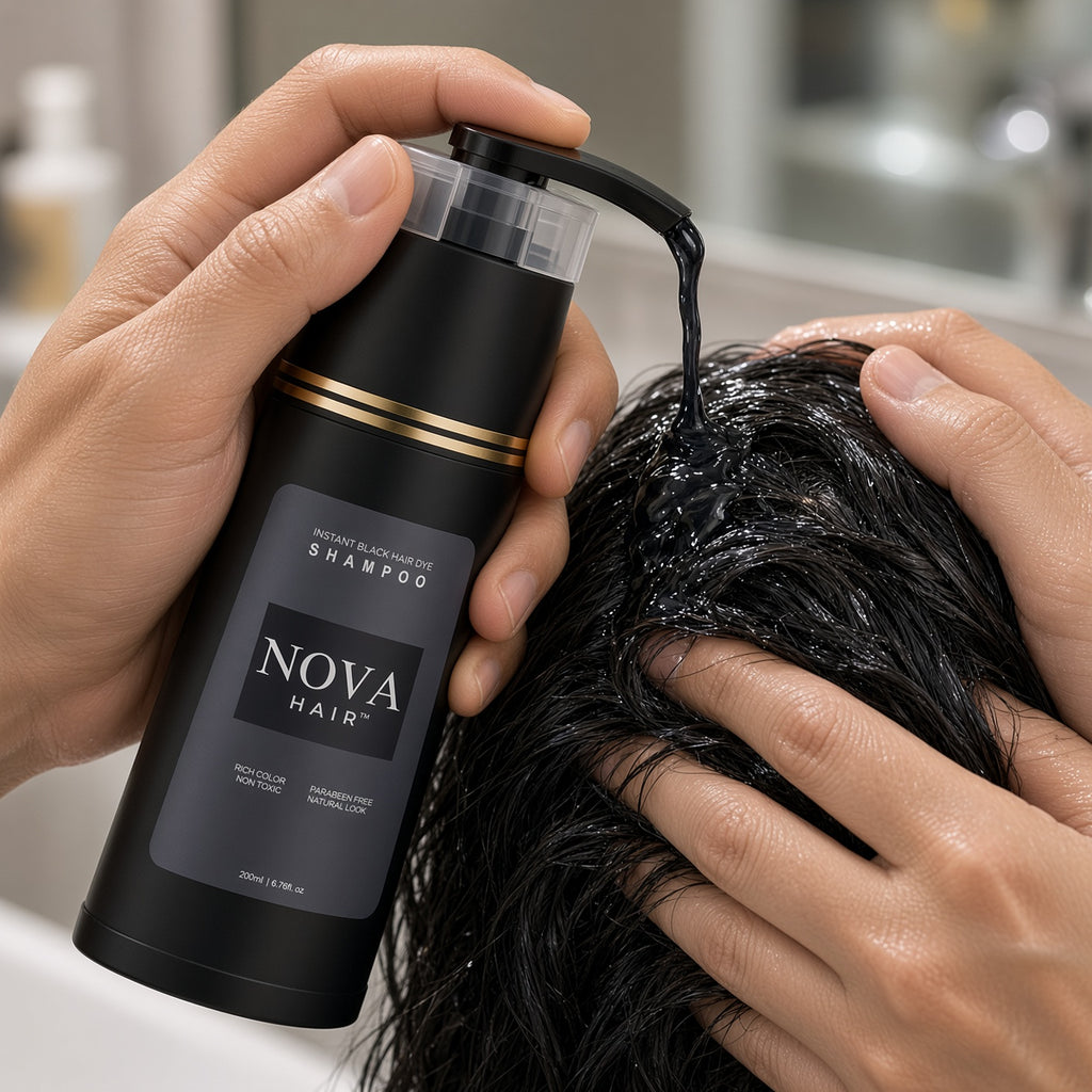 Nova hair dye shampoo being applied to wet dark hair