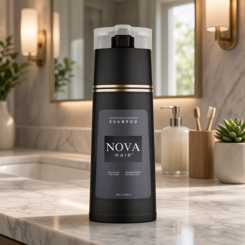 Nova hair dye shampoo bottle on a bathroom counter