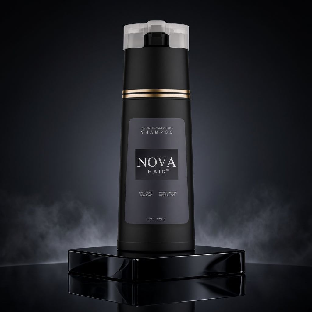 Nova hair dye shampoo 200 ml bottle, black shade, front view