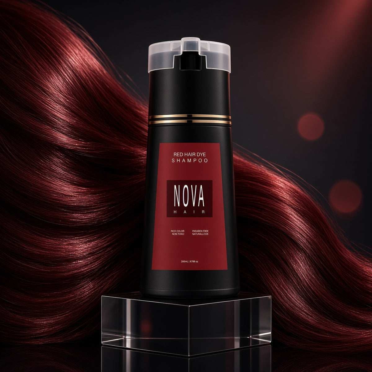 Nova red hair dye shampoo bottle with red hair in the background