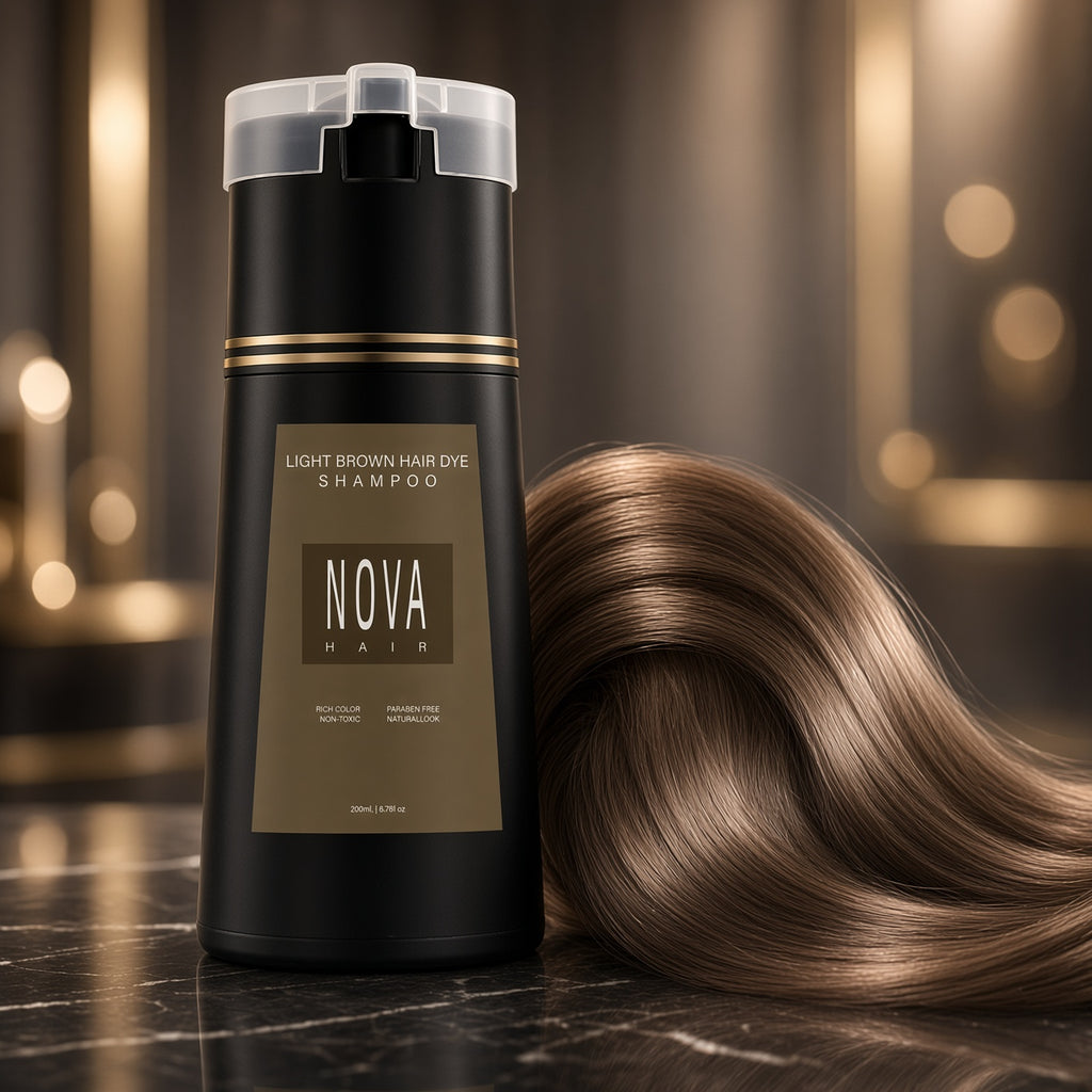 Nova light brown hair dye shampoo bottle with light brown hair