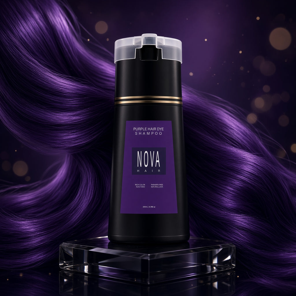 Nova purple hair dye shampoo bottle with purple hair in the background