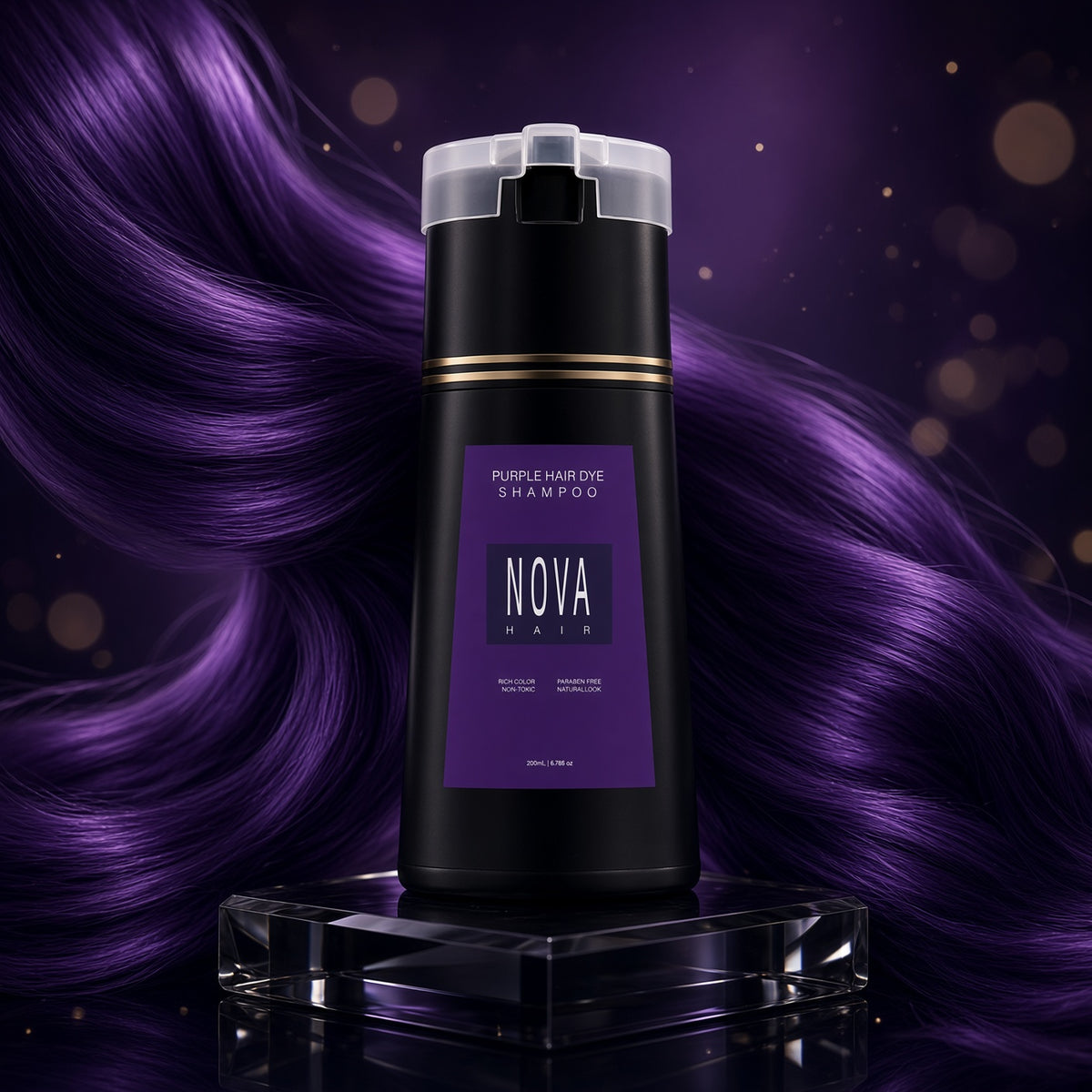 Nova purple hair dye shampoo bottle with purple hair in the background