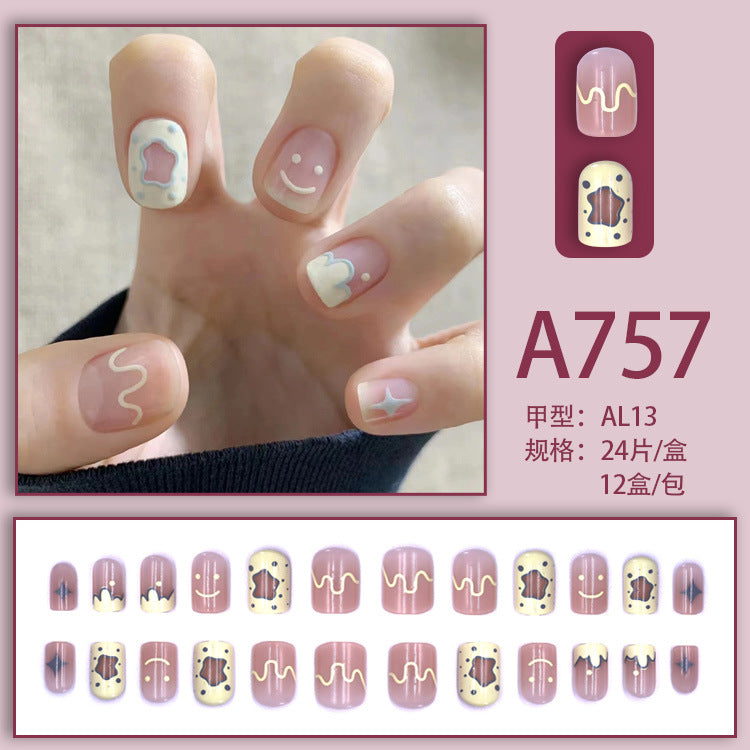 Fresh French flowers, cute ins wind, ice and transparent stars, long style, short style, white, high-end manicure and wearable nails