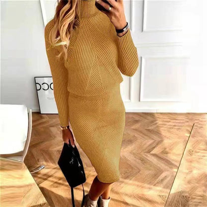 2023 Amazon wish new autumn and winter women's clothing European and American turtleneck knitted solid color pullover sweater suit skirt