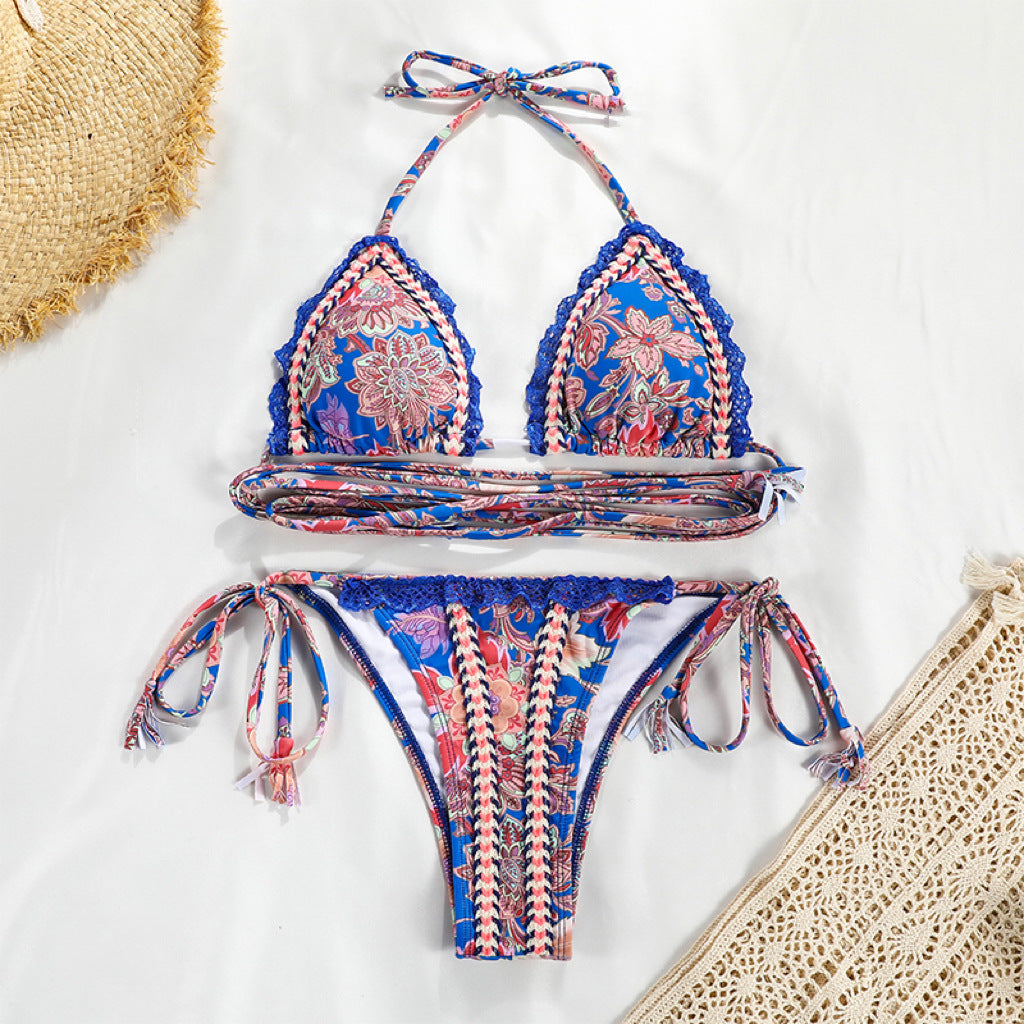 2025 cross-border new split swimsuit female European and American sexy ribbon stitching lace bikini 21060
