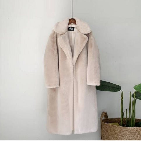 Suit collar coat with belt, imitation fur coat, extended lapel, large size women's clothing, imitation rabbit fur winter