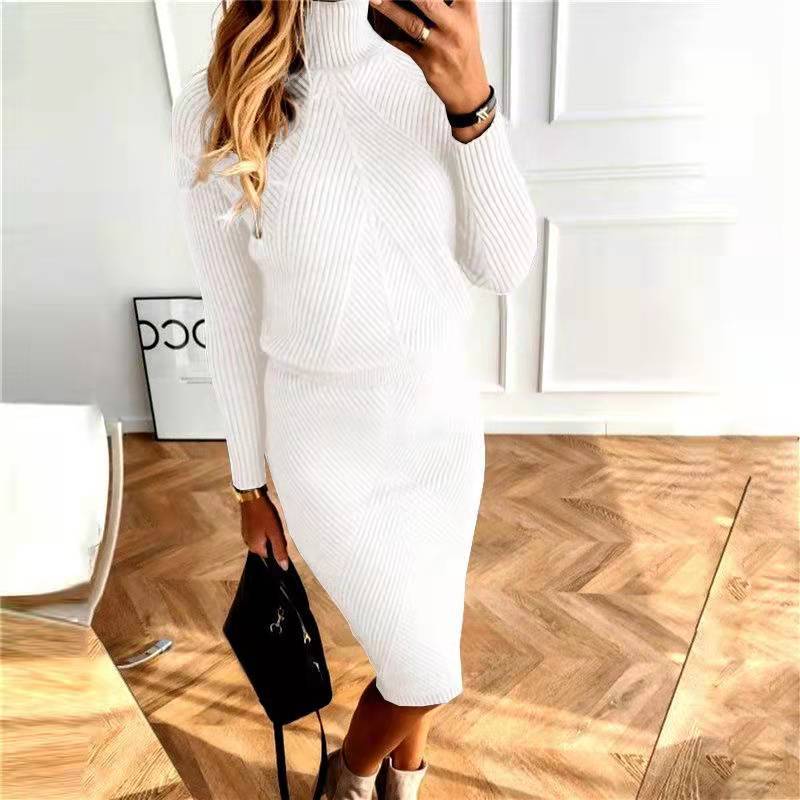 2023 Amazon wish new autumn and winter women's clothing European and American turtleneck knitted solid color pullover sweater suit skirt