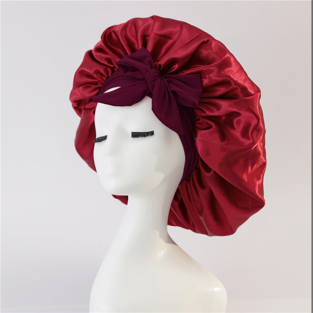 Amazon hot sale satin ribbon round hat bow imitation silk beauty hair care wide brim hat female headscarf sleeping cap