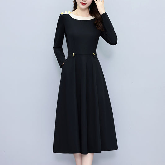 Color matching stylish plus size women's clothing fat mm slim fit medium and long style wide lady long sleeve dress spring and autumn new style