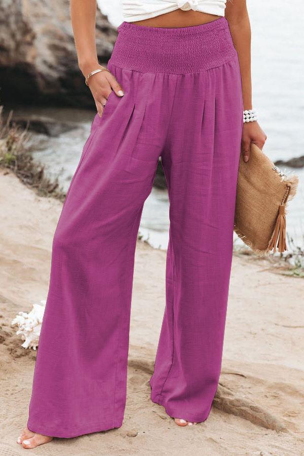 Cross-Border Independent Station Amazon 2023 Spring and Summer Women's Clothing Cotton Linen Pure Color Elastic Waist Wide Leg Pants Casual Pants Trousers