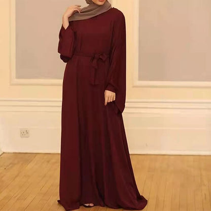 Cross-border Muslim pullover round neck large swing temperament high waist solid color commuter women's clothing