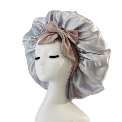 Amazon hot sale satin ribbon round hat bow imitation silk beauty hair care wide brim hat female headscarf sleeping cap