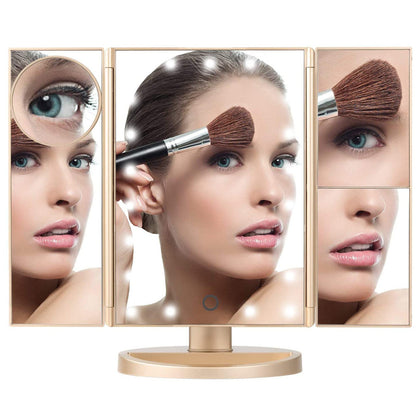 Desktop LED makeup three-sided folding mirror 2X3X10X magnifying makeup mirror dressing table mirror tri-folding mirror with light