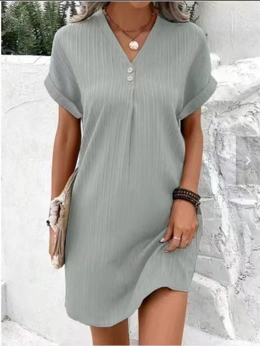 Cross-border European and American women's clothing 2023 new Amazon V-neck solid color pullover comfortable casual button dress