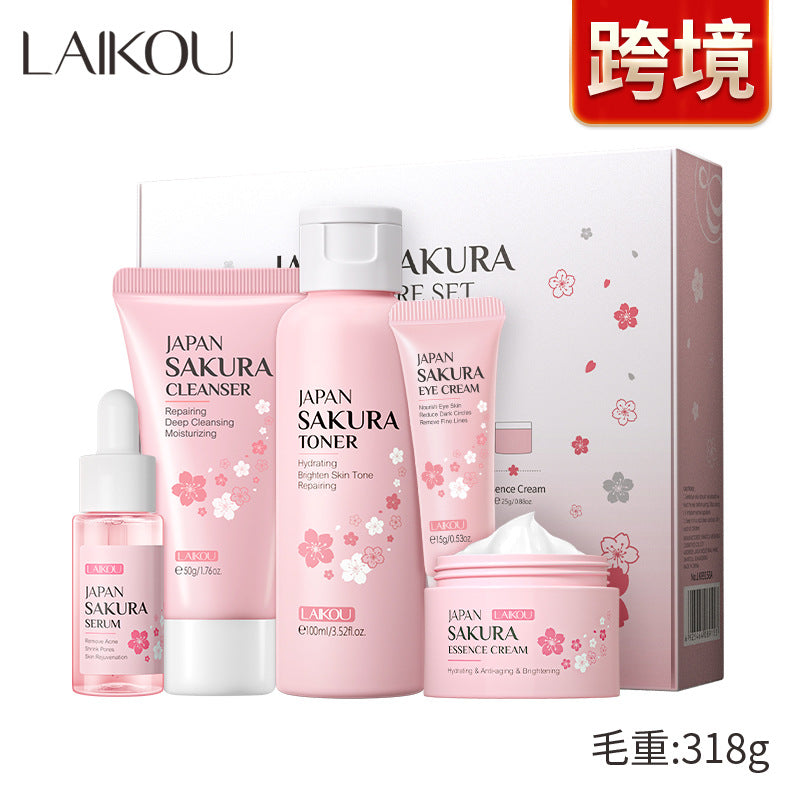 Cross-border LAIKOU Cherry Blossom Skin Care Gift Box 5-Piece Set Essence Cream Brightening Water Facial Cleanser Moisturizing and Hydrating