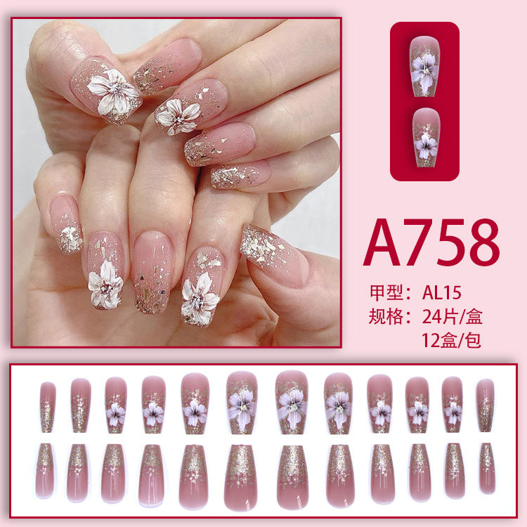 Fresh French flowers, cute ins wind, ice and transparent stars, long style, short style, white, high-end manicure and wearable nails