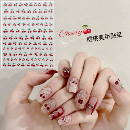 Xiaohongshu hot style cherry Hailey Jenny nail art bow New Year cherry fruit net red nail decal waterproof