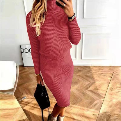 2023 Amazon wish new autumn and winter women's clothing European and American turtleneck knitted solid color pullover sweater suit skirt