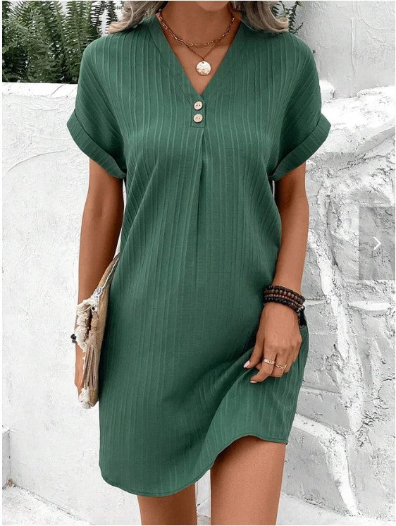 Cross-border European and American women's clothing 2023 new Amazon V-neck solid color pullover comfortable casual button dress