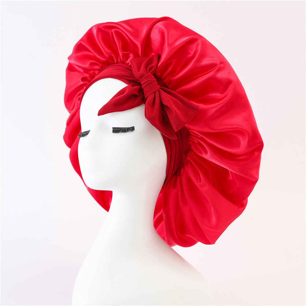 Amazon hot sale satin ribbon round hat bow imitation silk beauty hair care wide brim hat female headscarf sleeping cap