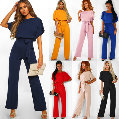 2020 European and American women's clothing Amazon ebay temperament commuting summer button tie short-sleeved light familiar straight-leg jumpsuit