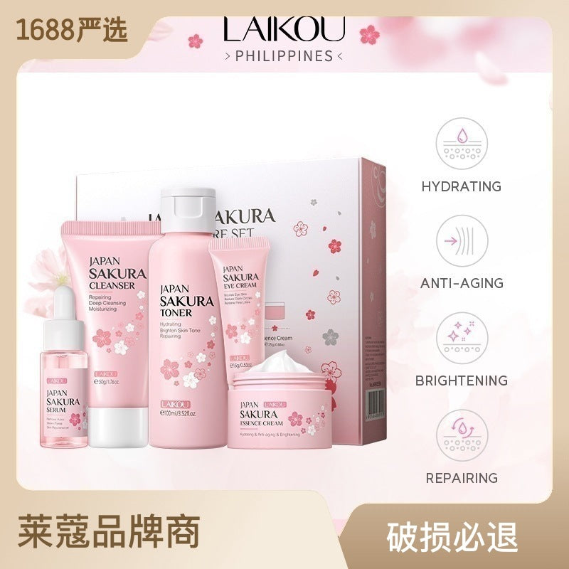 Cross-border LAIKOU Cherry Blossom Skin Care Gift Box 5-Piece Set Essence Cream Brightening Water Facial Cleanser Moisturizing and Hydrating