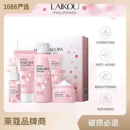 Cross-border LAIKOU Cherry Blossom Skin Care Gift Box 5-Piece Set Essence Cream Brightening Water Facial Cleanser Moisturizing and Hydrating