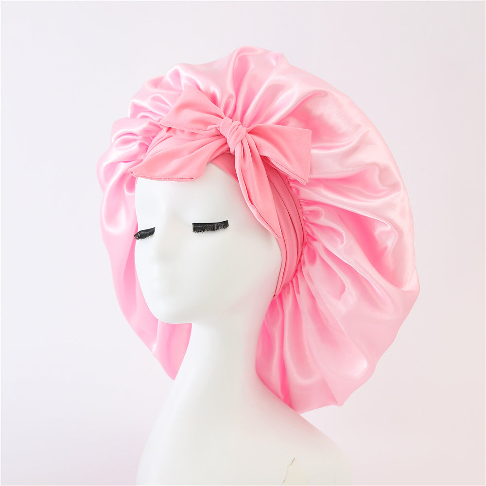 Amazon hot sale satin ribbon round hat bow imitation silk beauty hair care wide brim hat female headscarf sleeping cap