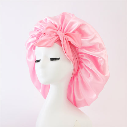 Amazon hot sale satin ribbon round hat bow imitation silk beauty hair care wide brim hat female headscarf sleeping cap