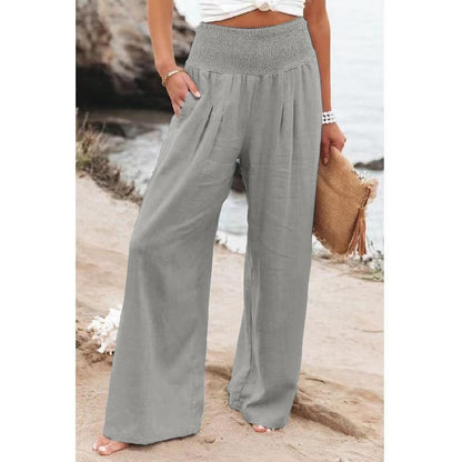 Cross-Border Independent Station Amazon 2023 Spring and Summer Women's Clothing Cotton Linen Pure Color Elastic Waist Wide Leg Pants Casual Pants Trousers