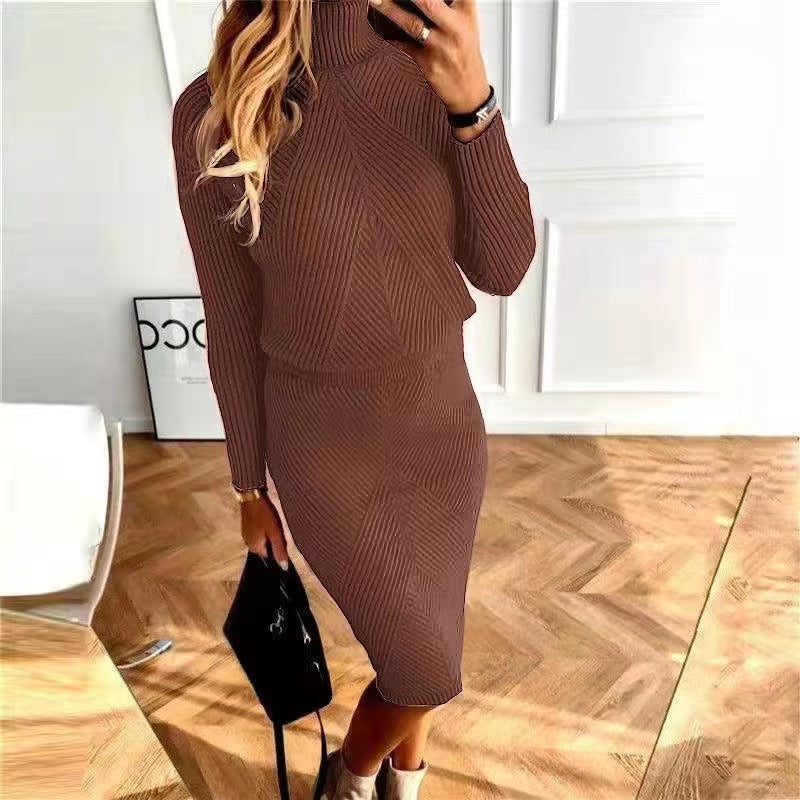 2023 Amazon wish new autumn and winter women's clothing European and American turtleneck knitted solid color pullover sweater suit skirt