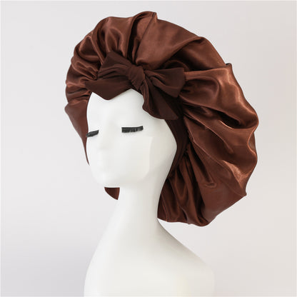 Amazon hot sale satin ribbon round hat bow imitation silk beauty hair care wide brim hat female headscarf sleeping cap