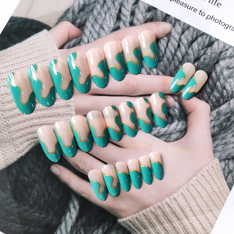 Factory foreign trade hot sale long round false nail patch, mint green gold thread wave splicing wearable nail products