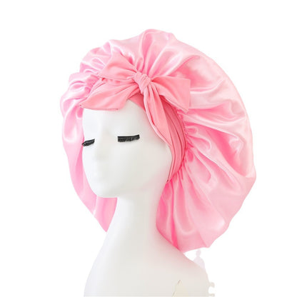 Amazon hot sale satin ribbon round hat bow imitation silk beauty hair care wide brim hat female headscarf sleeping cap