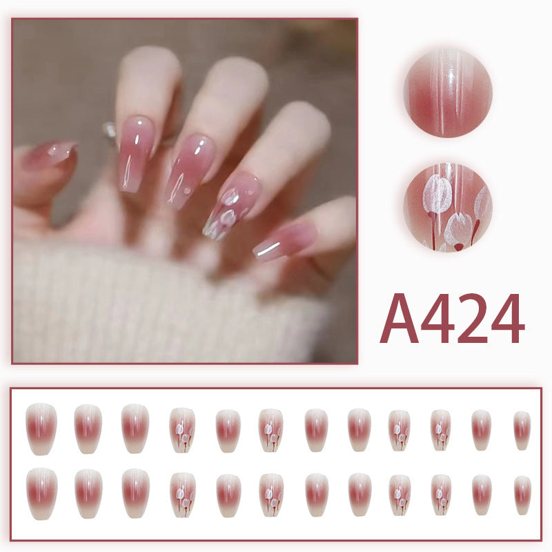 Wearable manicure nail pieces blooming French ins Aurora removable fake nails bow frosted ice transparent small clear