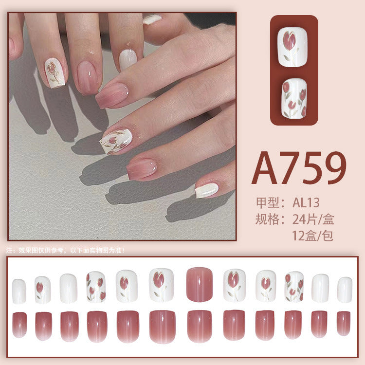 Fresh French flowers, cute ins wind, ice and transparent stars, long style, short style, white, high-end manicure and wearable nails