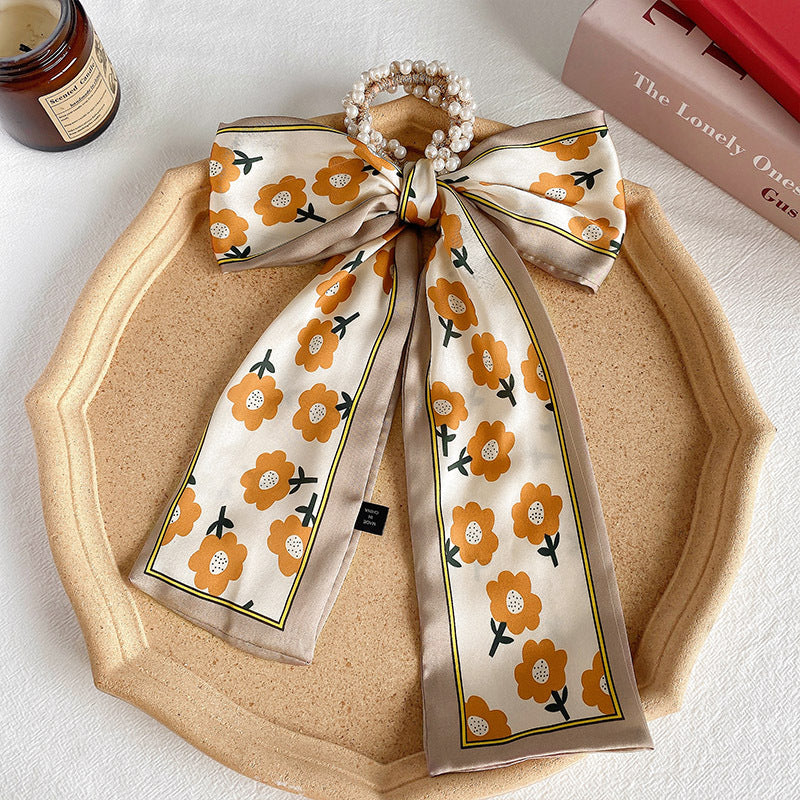Pearl scarf headband female hair ring streamer net celebrity 2021 new summer thin hair tie ribbon headdress hair rope