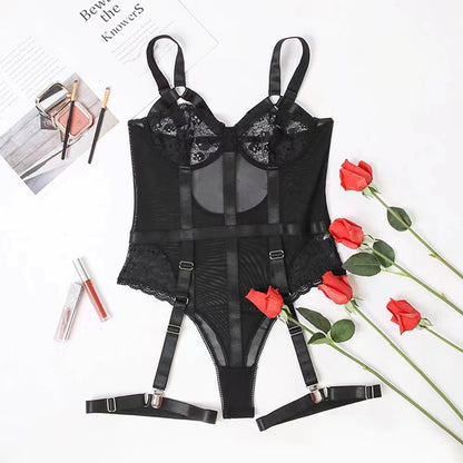 Cross-border hot-selling women's clothing supply European and American hot girls lingerie sexy lace hollow see-through sexy jumpsuit in stock