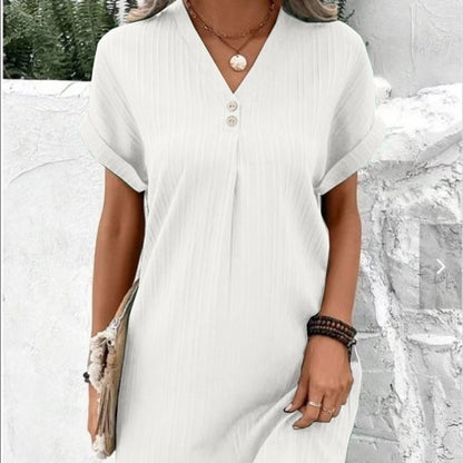 Cross-border European and American women's clothing 2023 new Amazon V-neck solid color pullover comfortable casual button dress